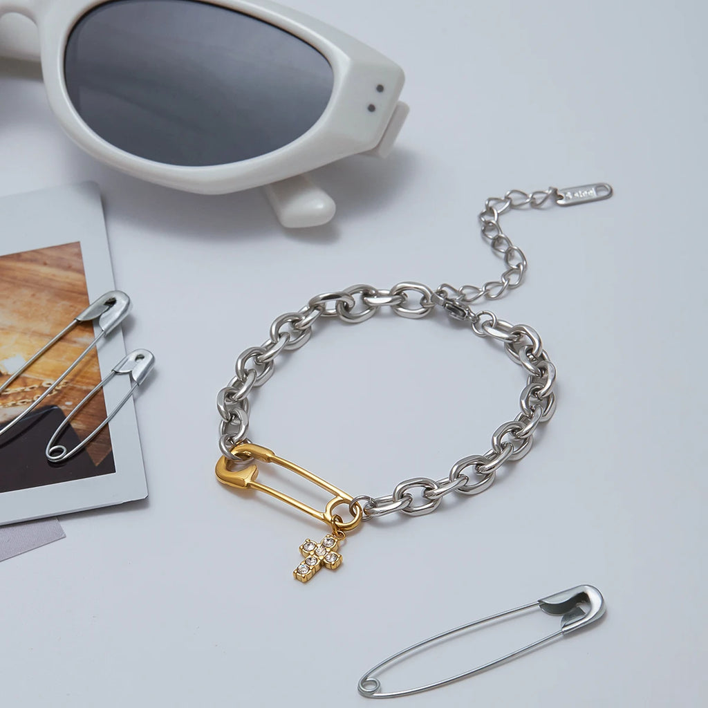 Crystal Cross Charm Bracelet — Stainless Steel · PS012