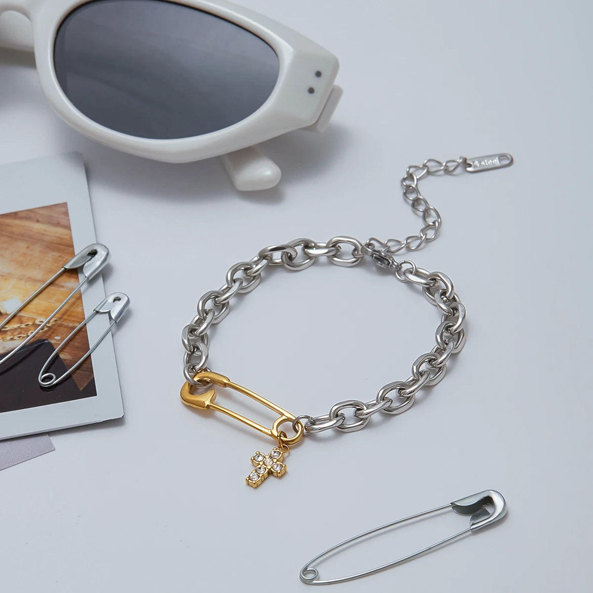 Crystal Cross Charm Bracelet — Stainless Steel · PS012