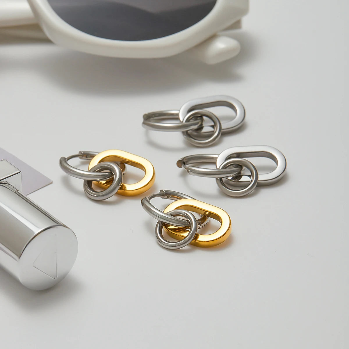 Two-Tone Geometric U Earrings — Stainless Steel · PS359