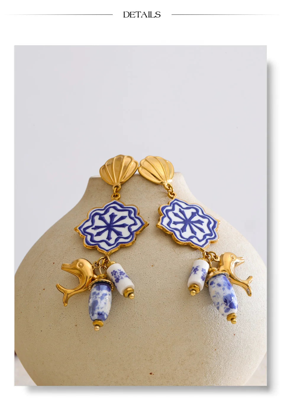 Blue shell enamel earrings in gold-plated stainless steel with shell and enamel.