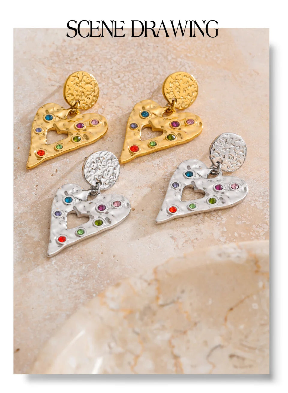 Cubic zirconia heart hammered earrings in gold-plated stainless steel with cubic zirconia.