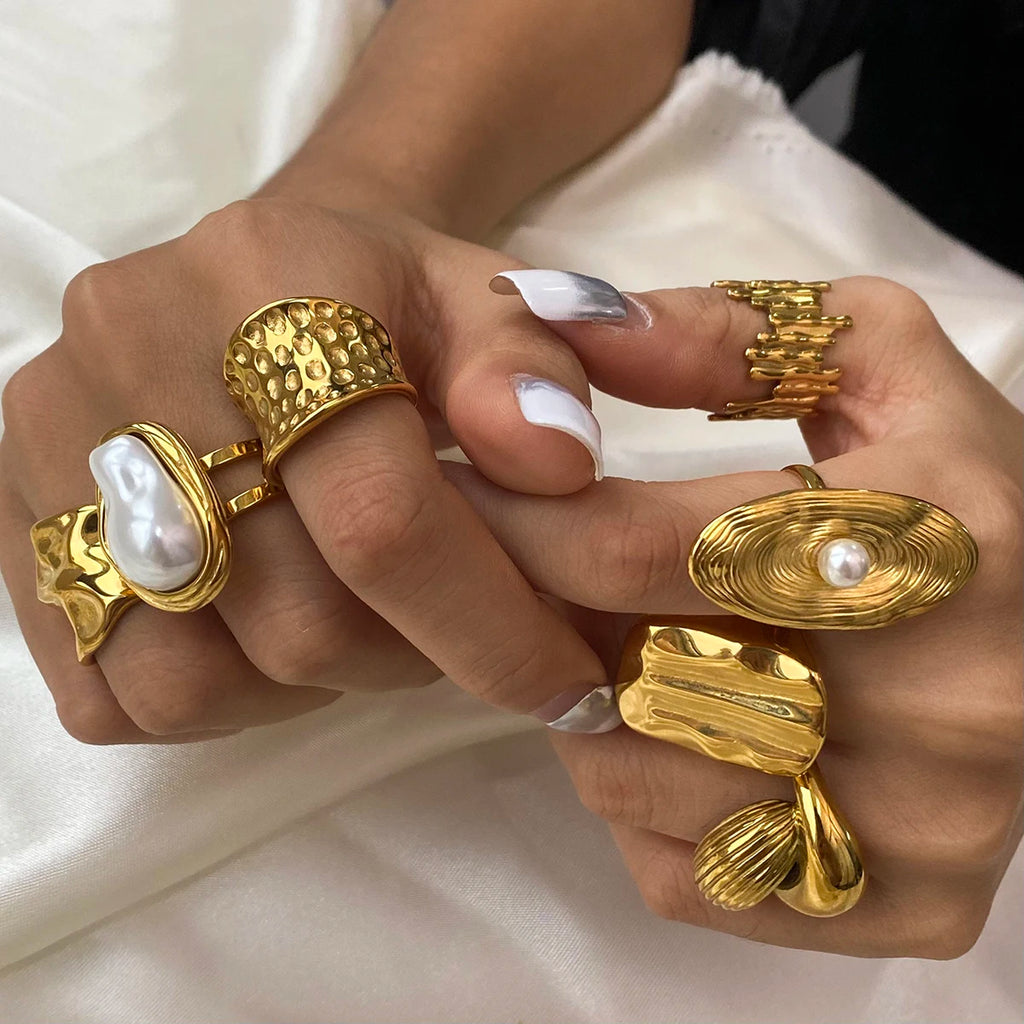 Pearl Statement Ring Stack — Stainless Steel · PS240
