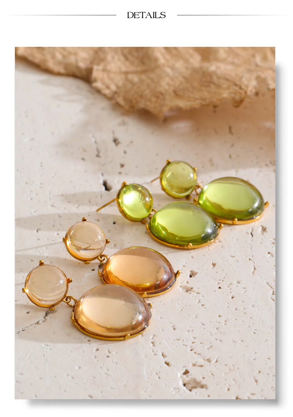 Green resin acrylic earrings in gold-plated stainless steel with resin and acrylic.