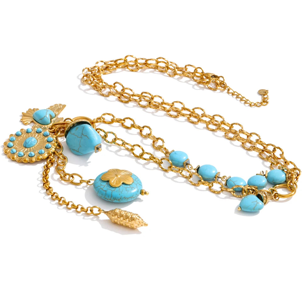 Natural stone flower geometric necklace in gold-plated stainless steel with natural stone.
