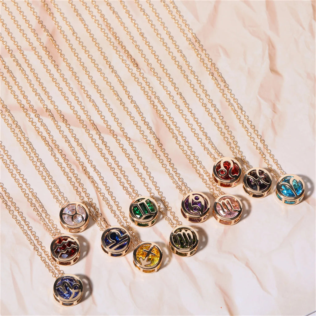 Double hollowed-out twelve constellation necklace hollowed-out zircon pendant clavicle chain plated real gold color
