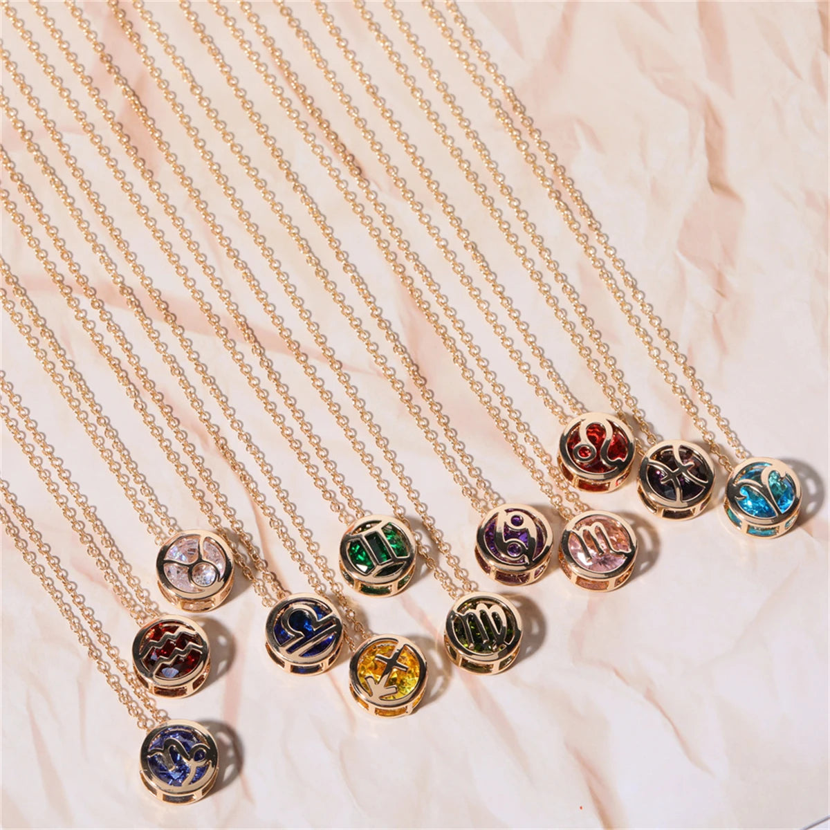 Double hollowed-out twelve constellation necklace hollowed-out zircon pendant clavicle chain plated real gold color