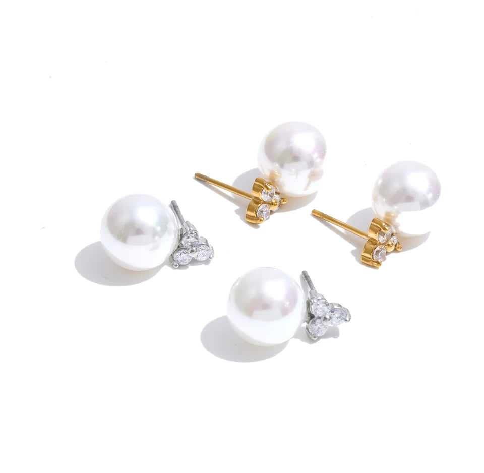 Cubic Zirconia Pearl Geometric Earrings — Gold-Plated Stainless Steel with Pearl and Cubic Zirconia · PS1862