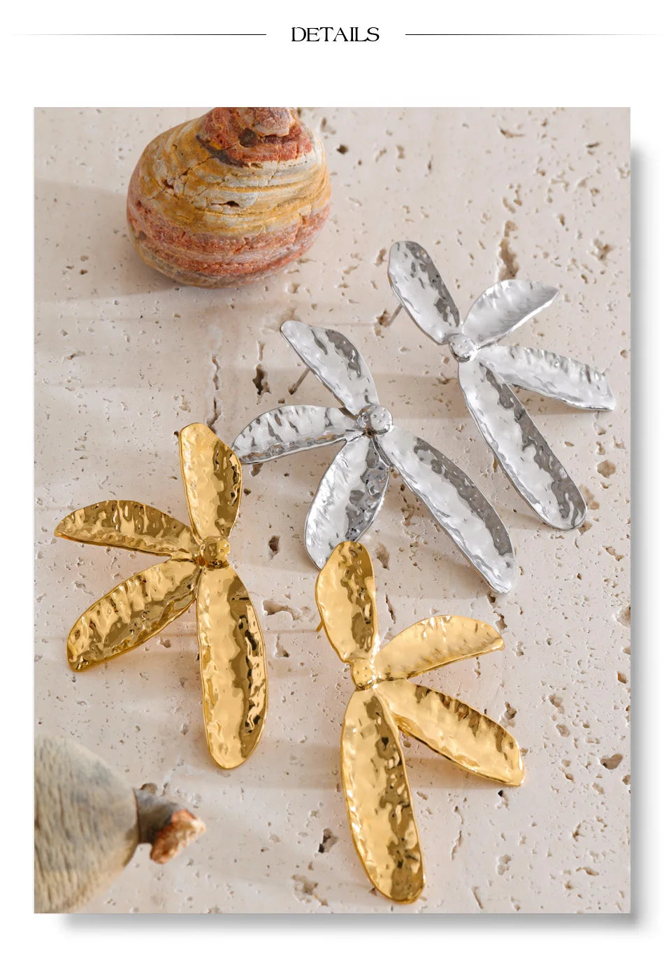Flower Hammered Earrings — Gold-Plated Stainless Steel · PS1263