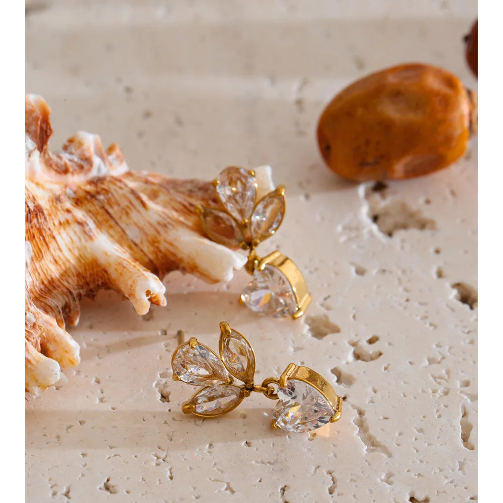 Cubic Zirconia Heart Flower Earrings — Gold-Plated Stainless Steel with Cubic Zirconia · PS1308