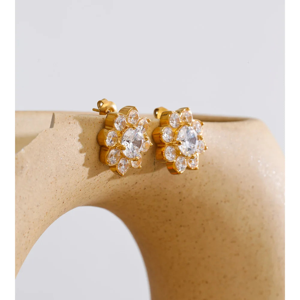 Cubic Zirconia Flower Earrings — Gold-Plated Stainless Steel with Cubic Zirconia · PS1570
