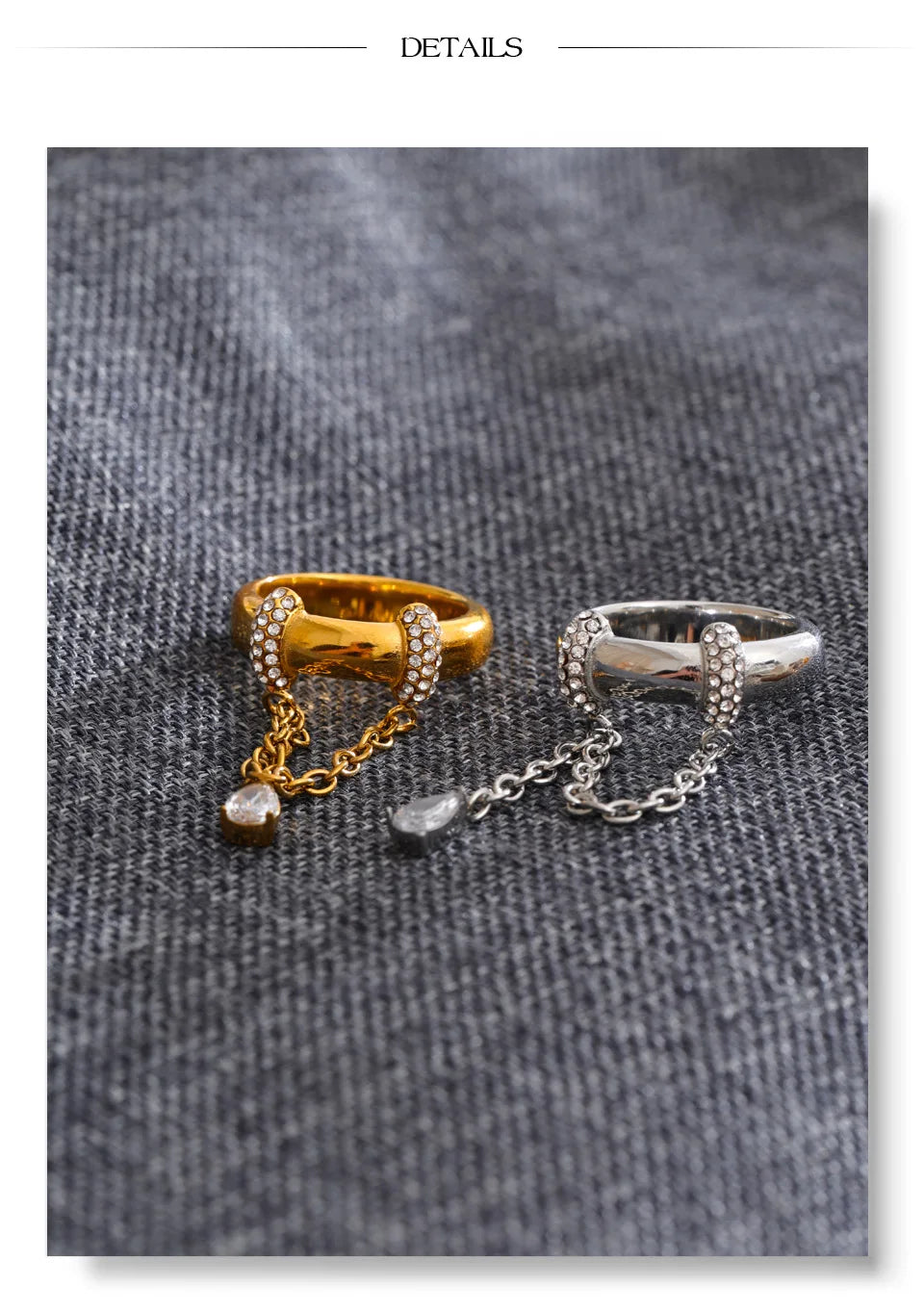 Cubic zirconia geometric chain ring in 18K gold-plated stainless steel with cubic zirconia.