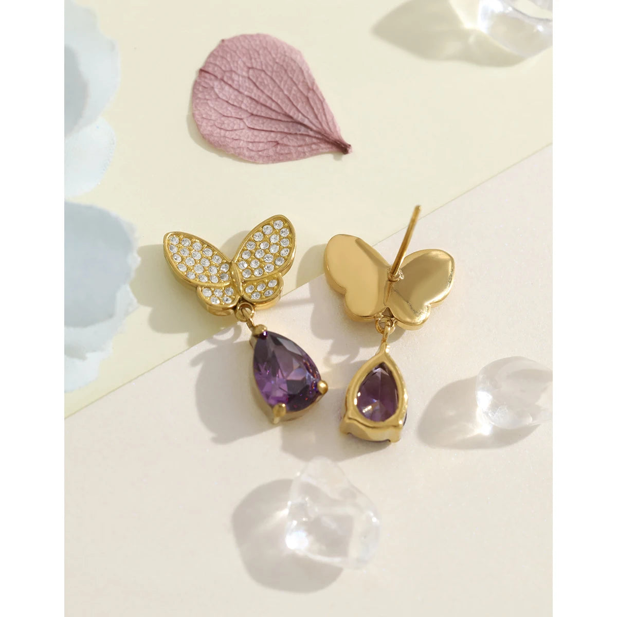 Purple Zircon Crystal Earrings — 316L Stainless Steel · PS481