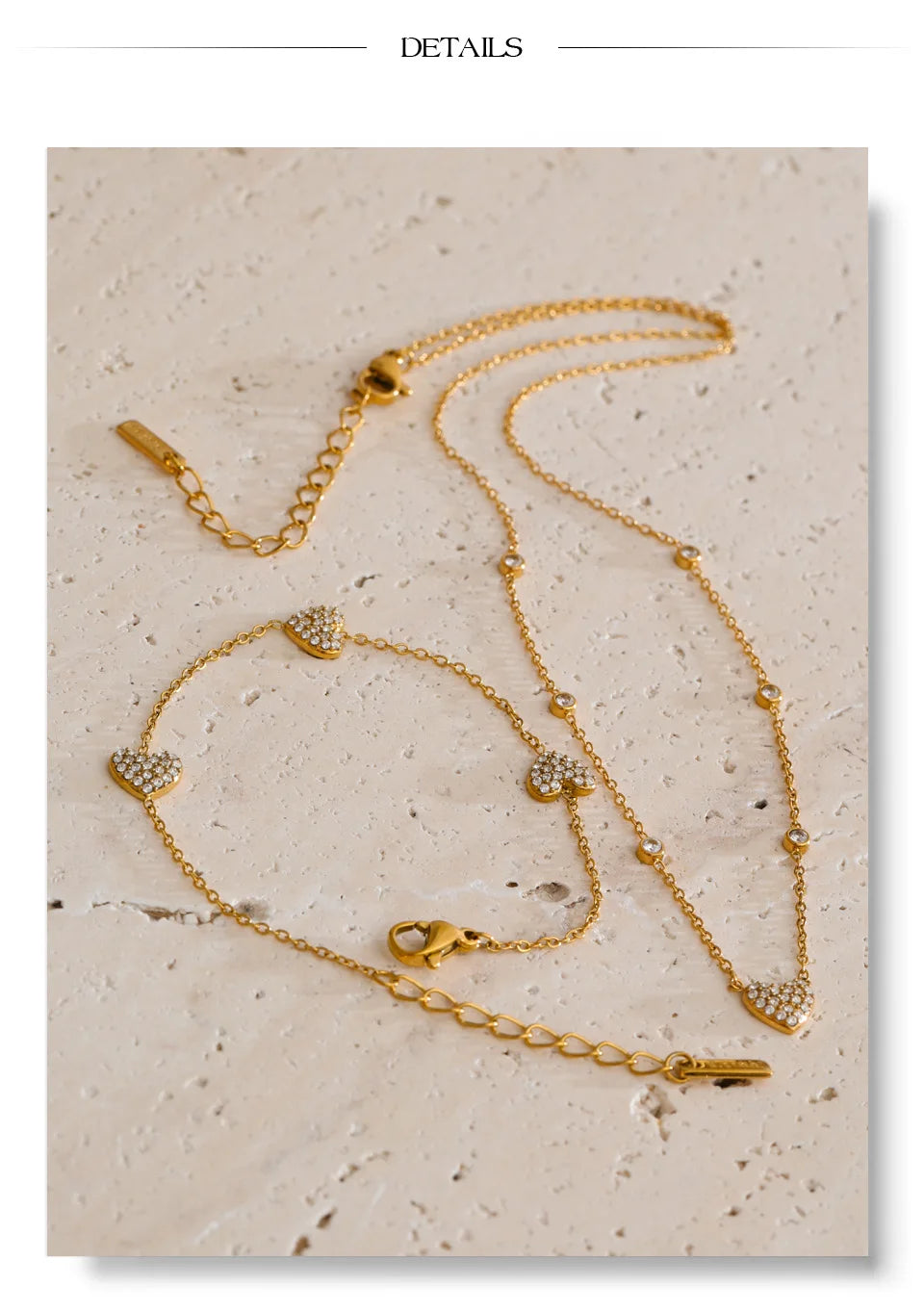 Cubic zirconia heart geometric necklace in gold-plated stainless steel with cubic zirconia.