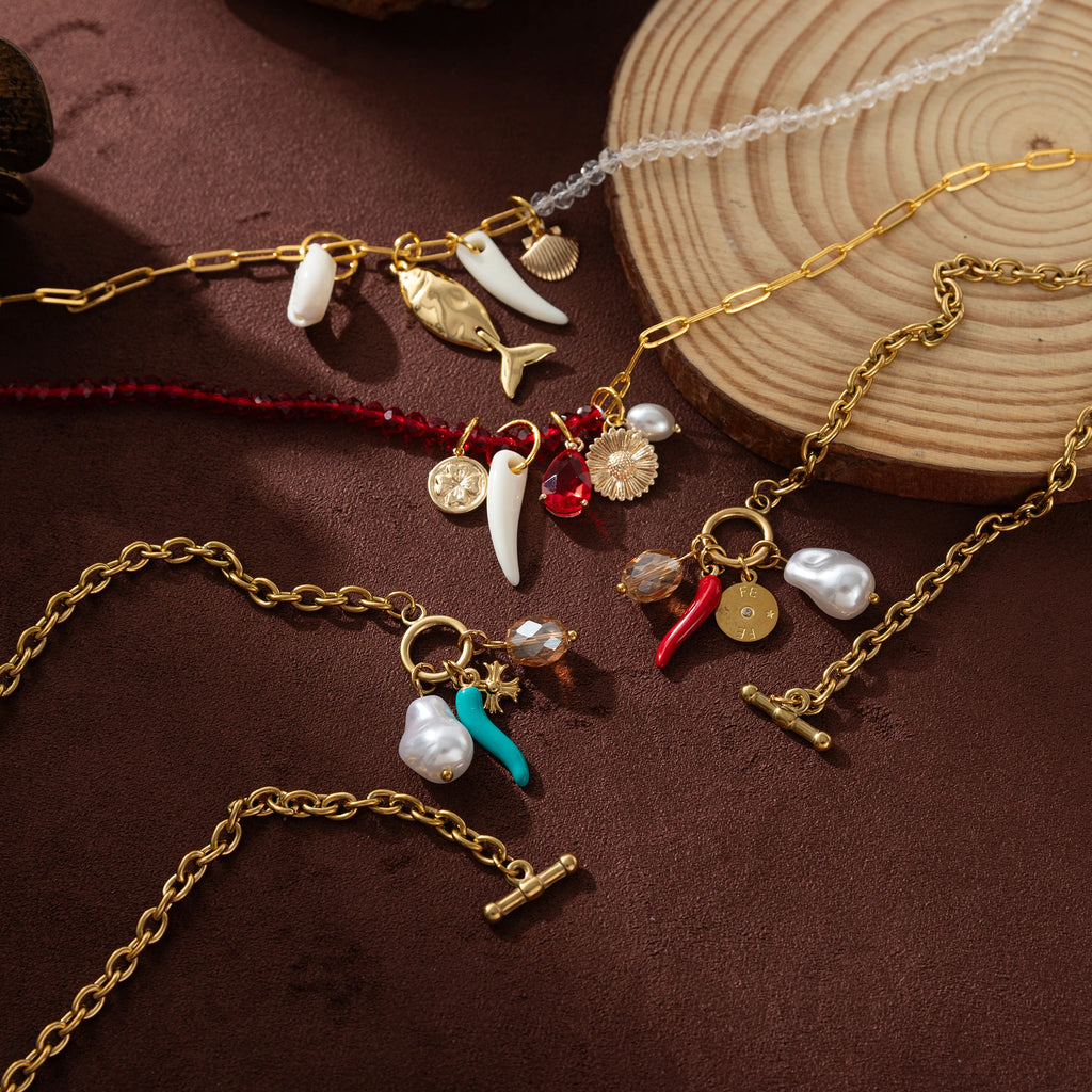 Charm Necklace 18K Gold Plated | Fish, Chili, Pearl & Coin Pendants | Trendy Layered Jewelry for Women