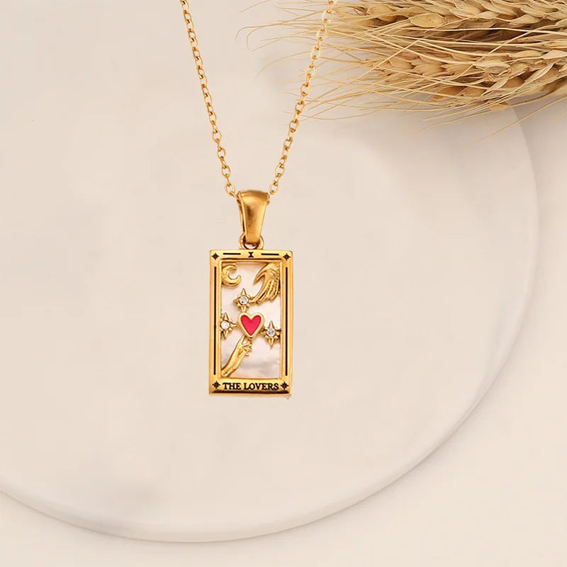 Zirconia Tarot Card Necklace Classic Tarot Queen Lover Magician Moon Wealth Amulet Stainless Steel Jewelry