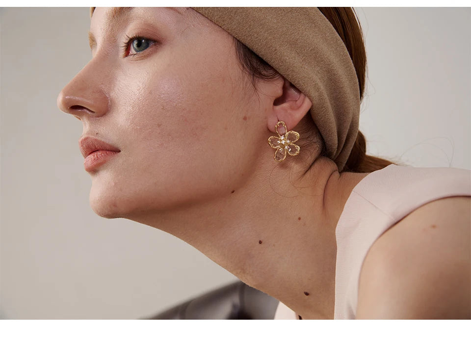 Cubic Zirconia Flower Geometric Earrings — 14K Gold-Plated Copper with Cubic Zirconia · PC21