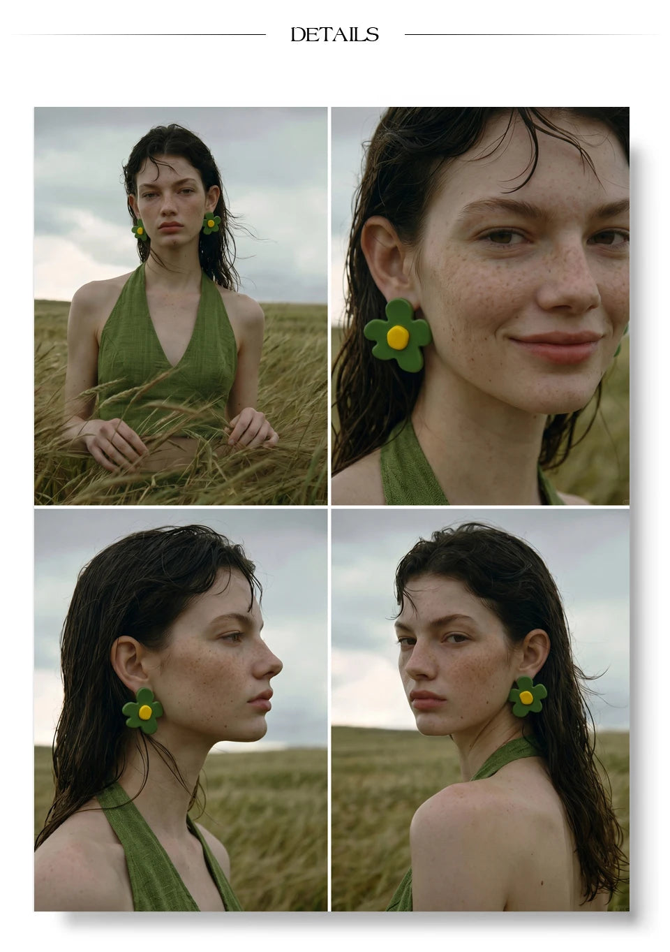 Green resin acrylic earrings in gold-plated stainless steel with resin and acrylic.