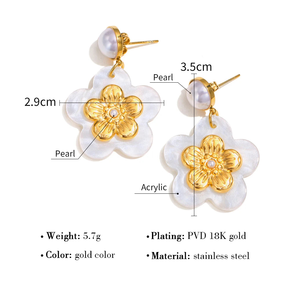 Drop Earrings Acrylic Flower Pearl — 316L Stainless Steel · PS391