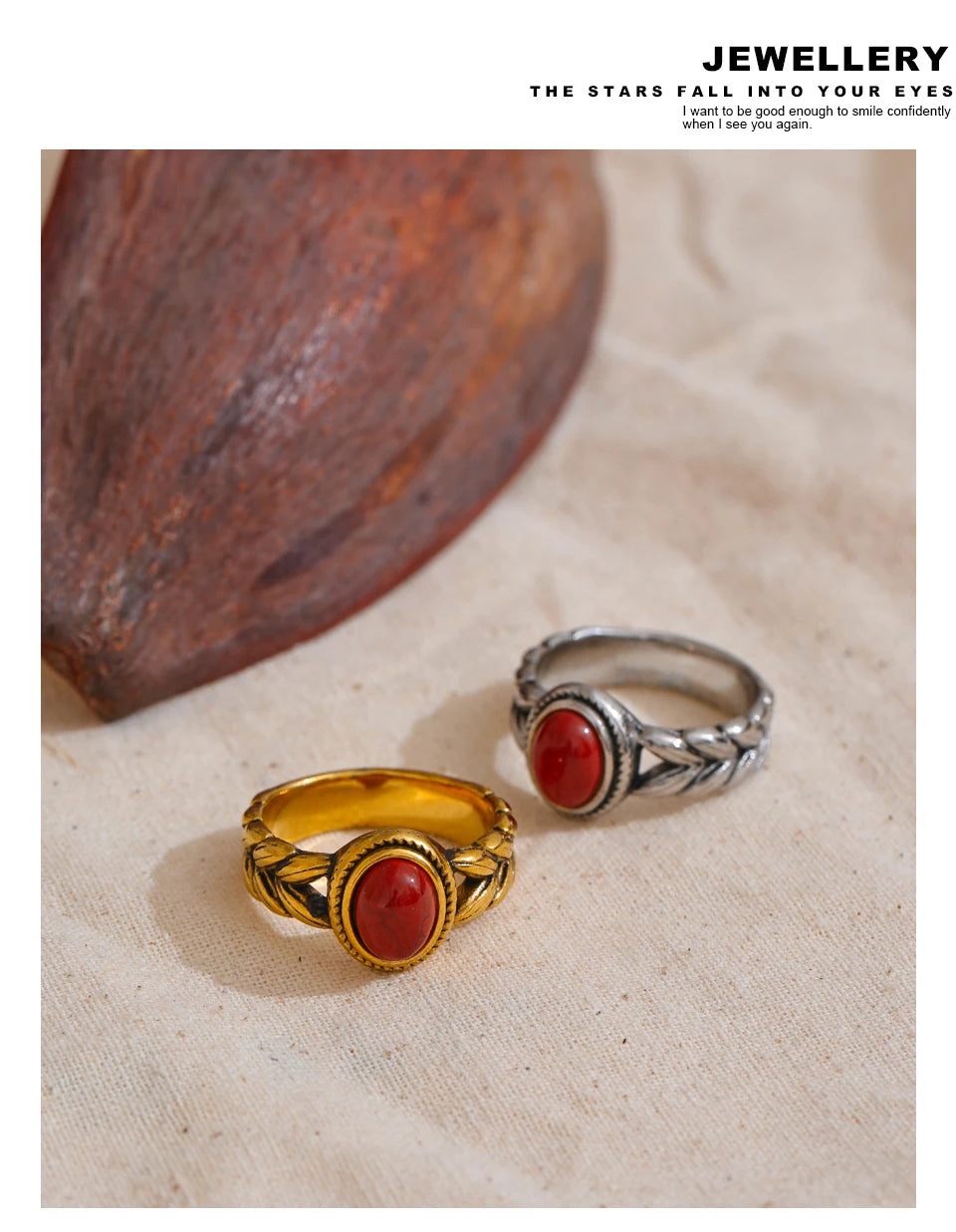 Black natural stone vintage ring in 18K gold-plated stainless steel with natural stone.