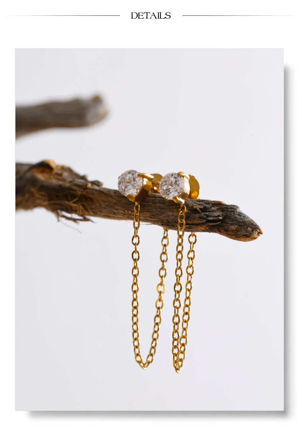 Cubic Zirconia Geometric Chain Earrings — Gold-Plated Stainless Steel with Cubic Zirconia · PS1323