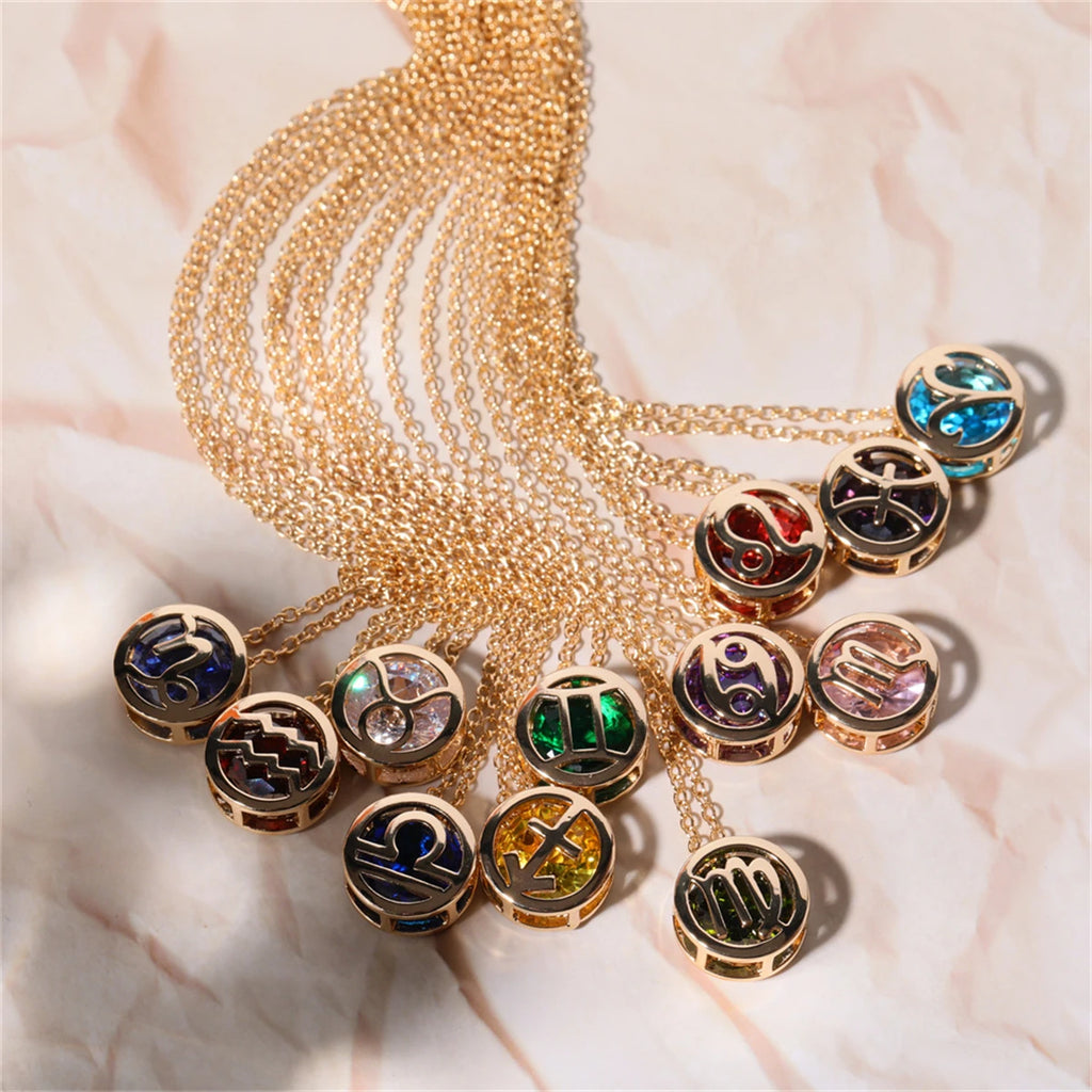 Double hollowed-out twelve constellation necklace hollowed-out zircon pendant clavicle chain plated real gold color