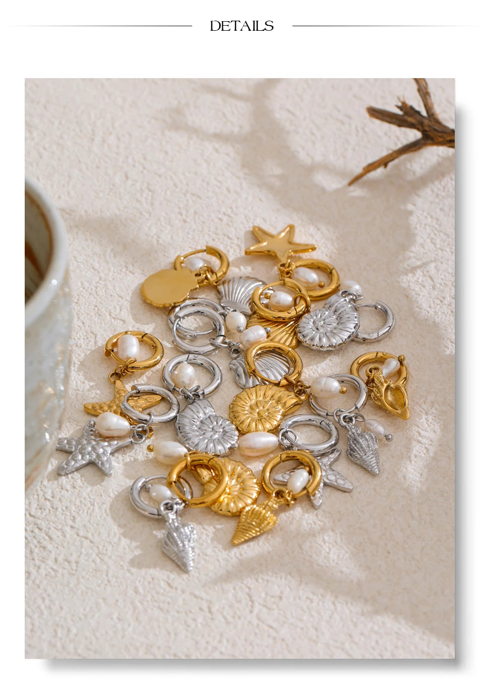 Freshwater pearl shell star earrings in gold-plated stainless steel with freshwater pearl and shell.