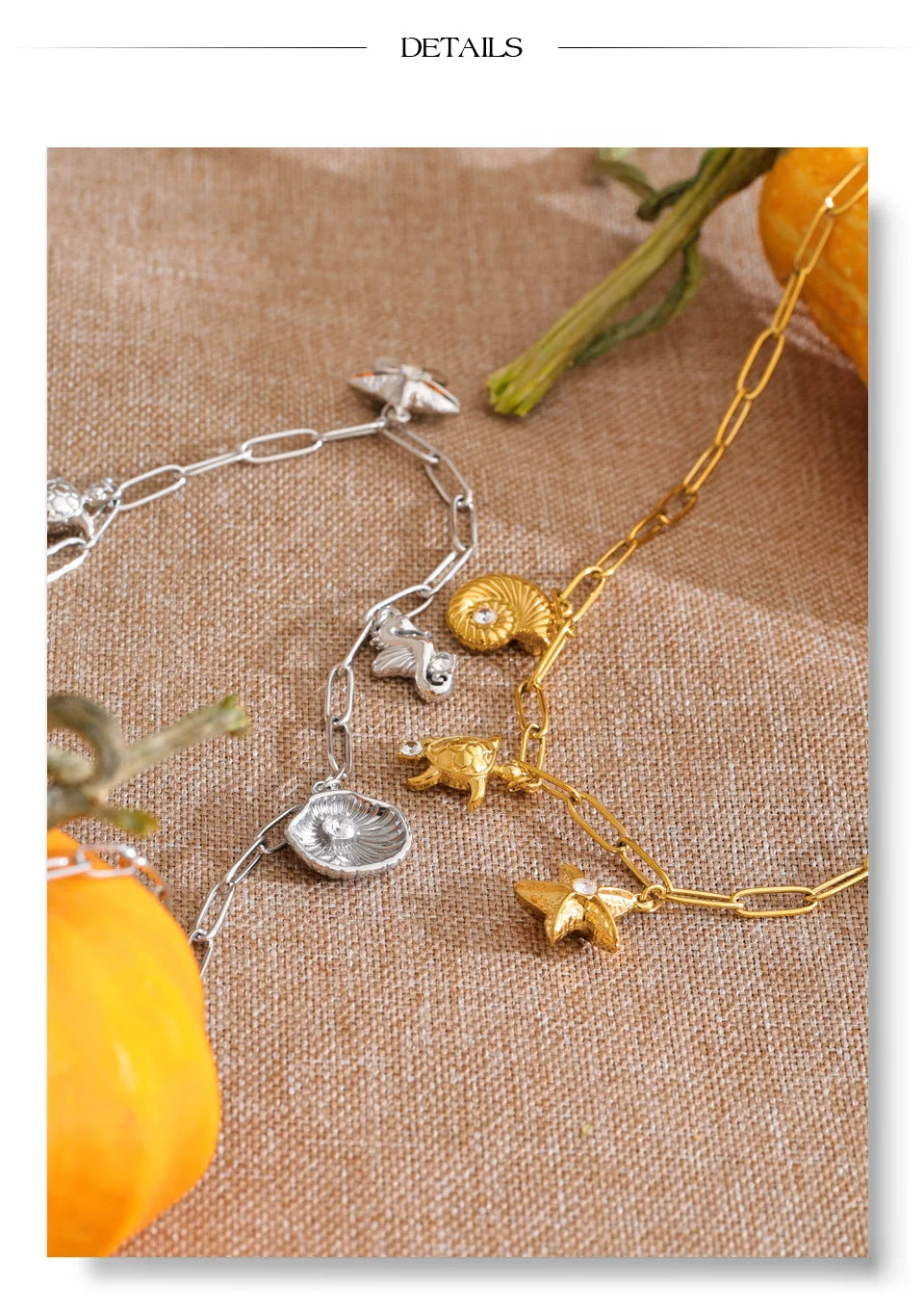 Cubic zirconia shell star necklace in gold-plated stainless steel with cubic zirconia and shell.