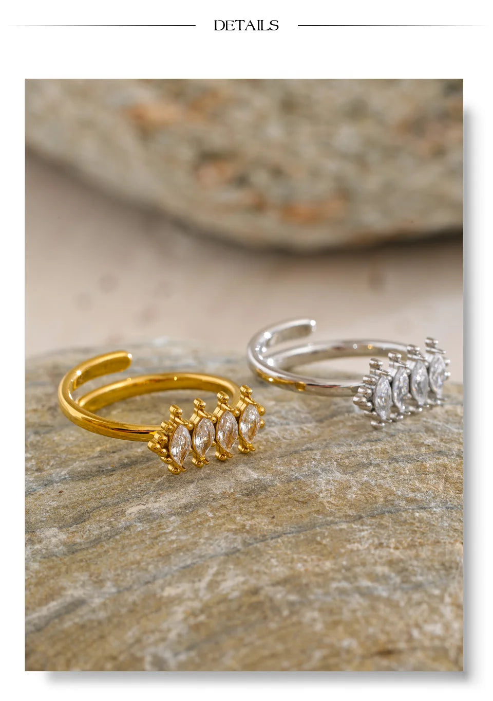 Cubic zirconia geometric ring in 18K gold-plated stainless steel with cubic zirconia.