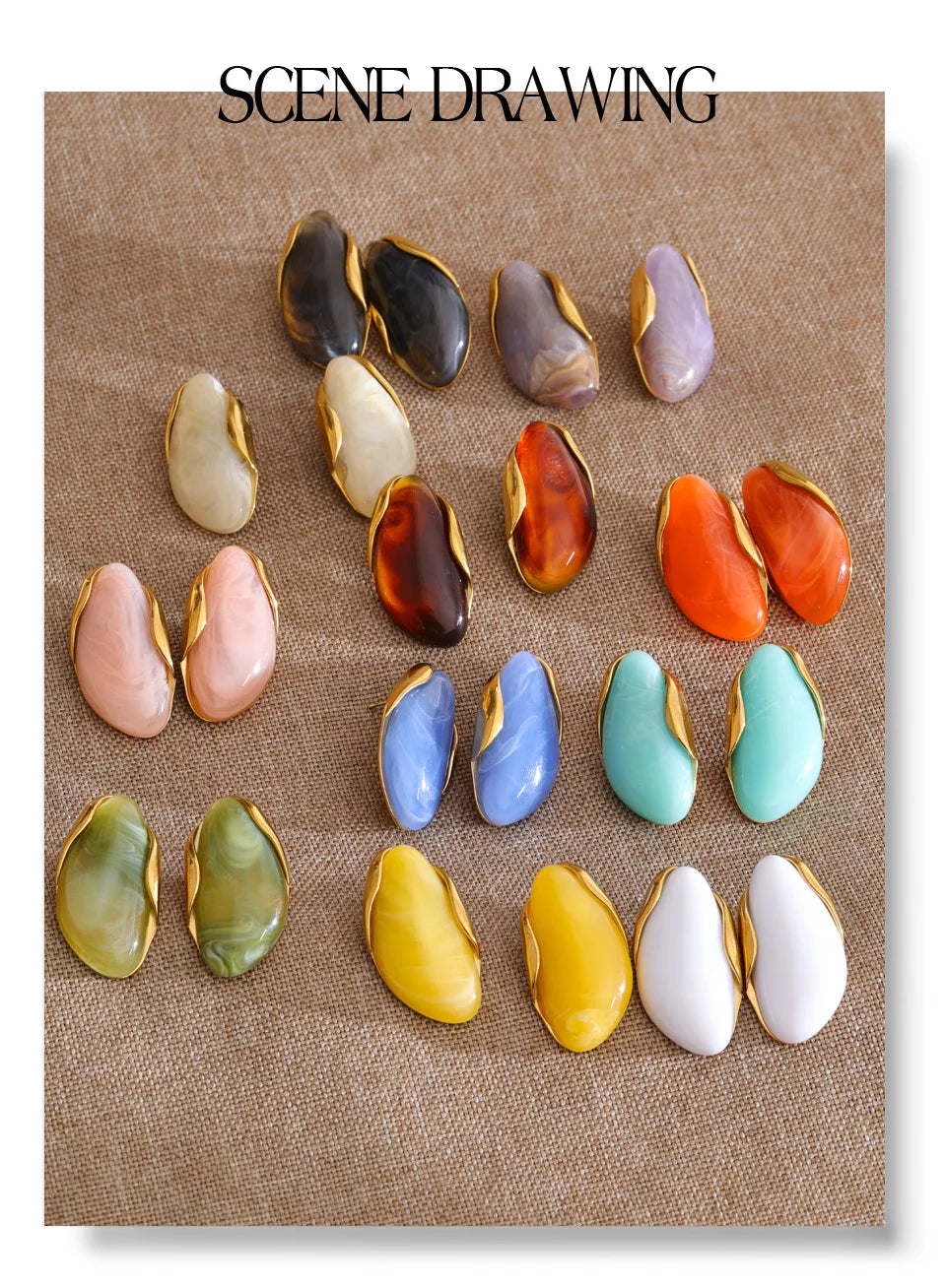 Resin acrylic multi-color earrings in gold-plated stainless steel with resin and acrylic.