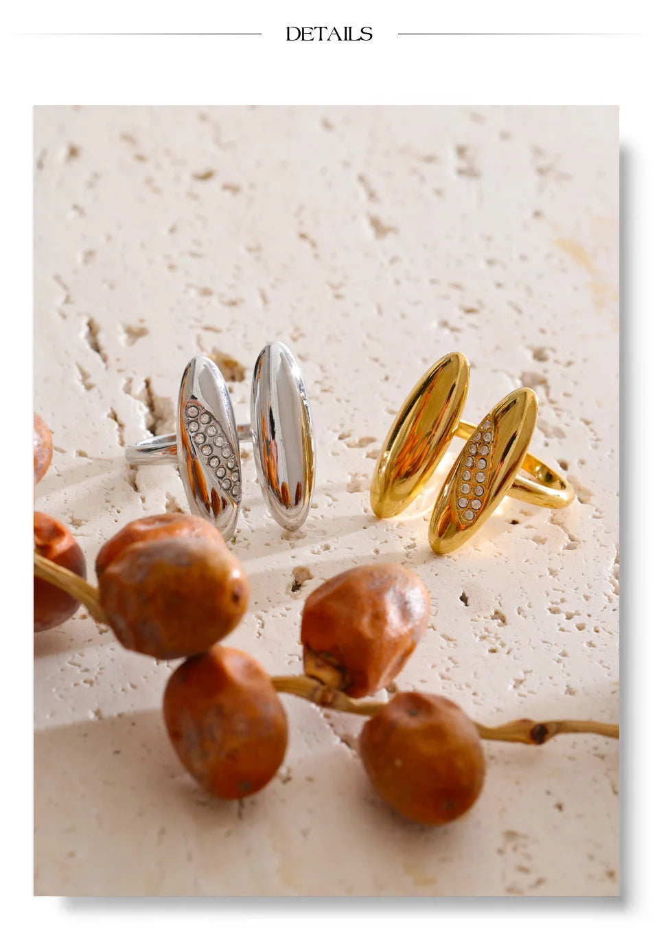 Cubic zirconia geometric ring in 18K gold-plated stainless steel with cubic zirconia.