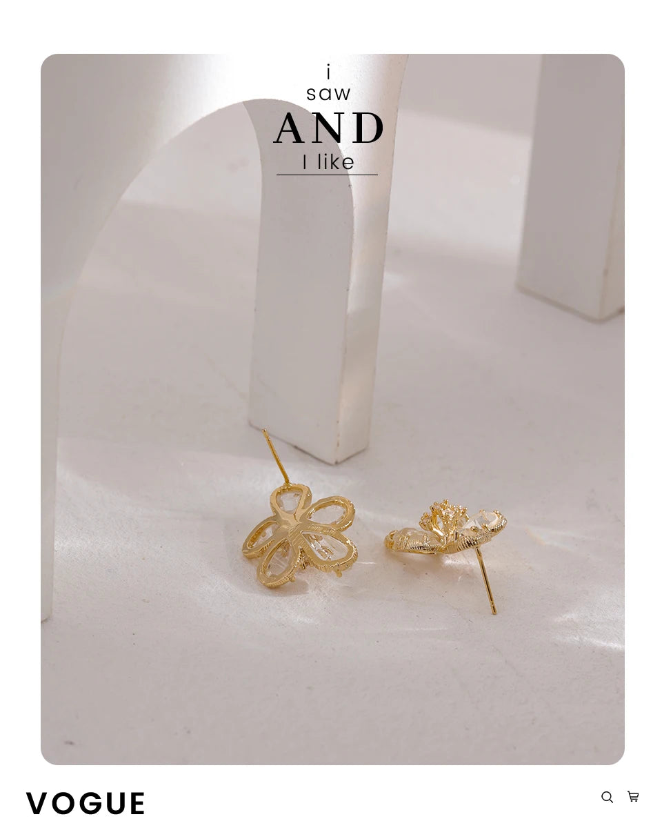 Cubic Zirconia Flower Geometric Earrings — 14K Gold-Plated Copper with Cubic Zirconia · PC21