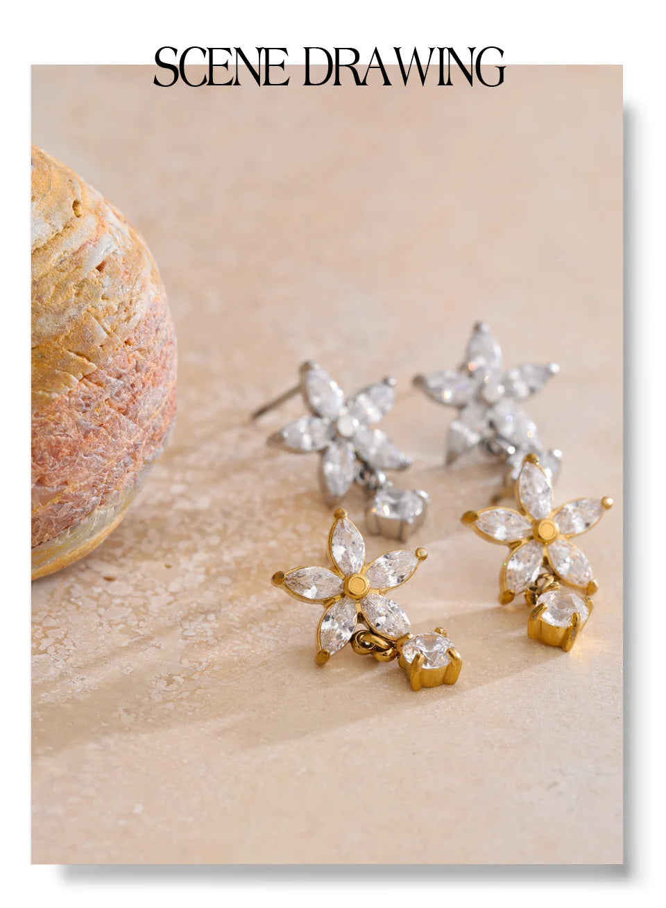 Cubic Zirconia Flower Earrings — Gold-Plated Stainless Steel with Cubic Zirconia · PS932