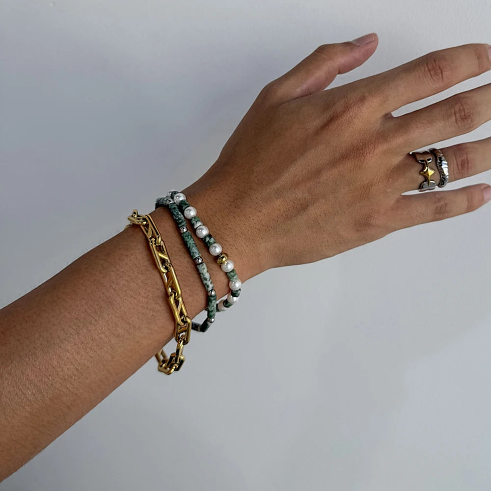 Green Bead Chain Bracelet Stack — Stainless Steel · PS016
