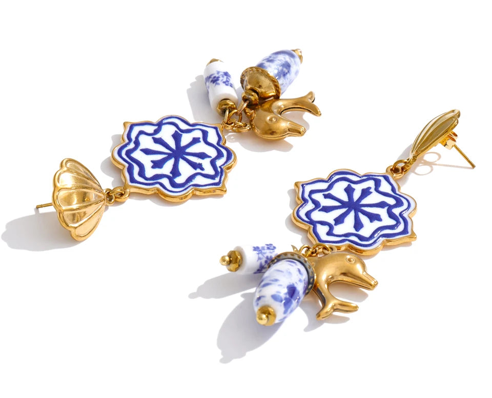 Blue shell enamel earrings in gold-plated stainless steel with shell and enamel.