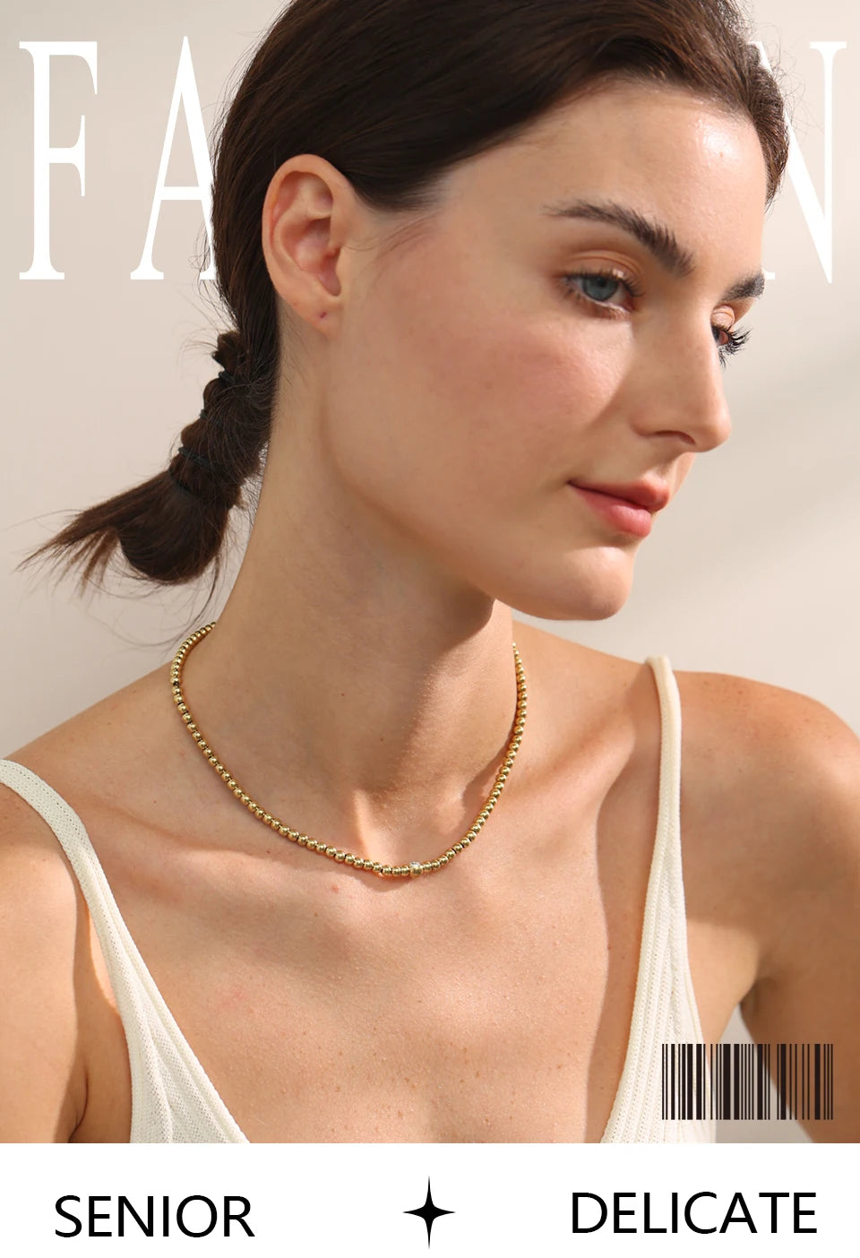 Cubic zirconia beaded geometric necklace in 18K gold-plated stainless steel with cubic zirconia.