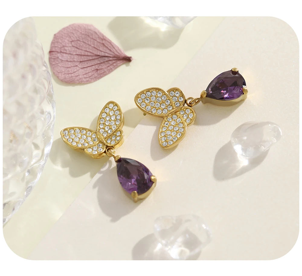 Purple Zircon Crystal Earrings — 316L Stainless Steel · PS481