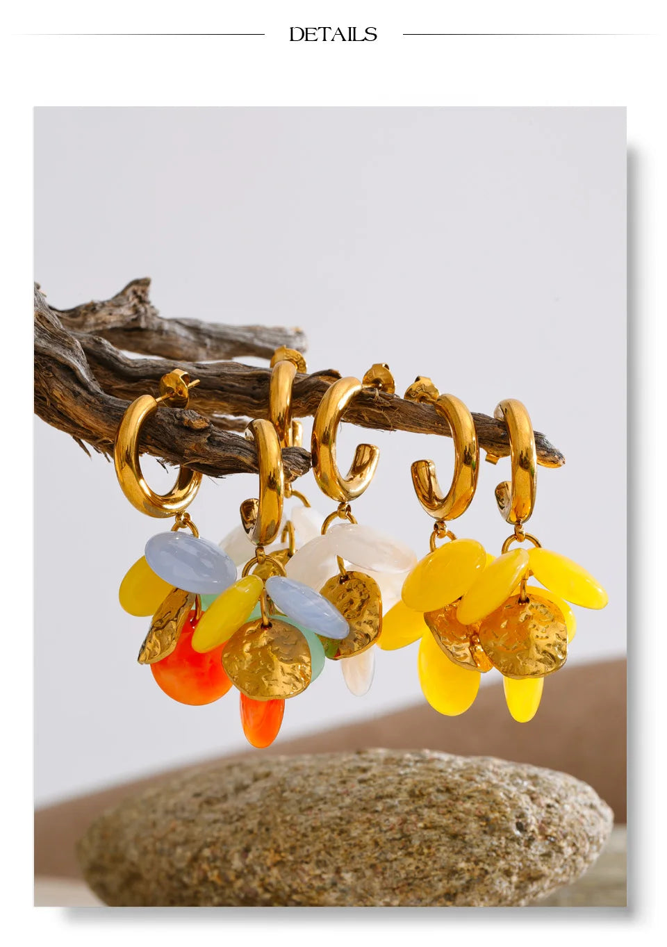 Resin acrylic multi-color earrings in gold-plated stainless steel with resin and acrylic.