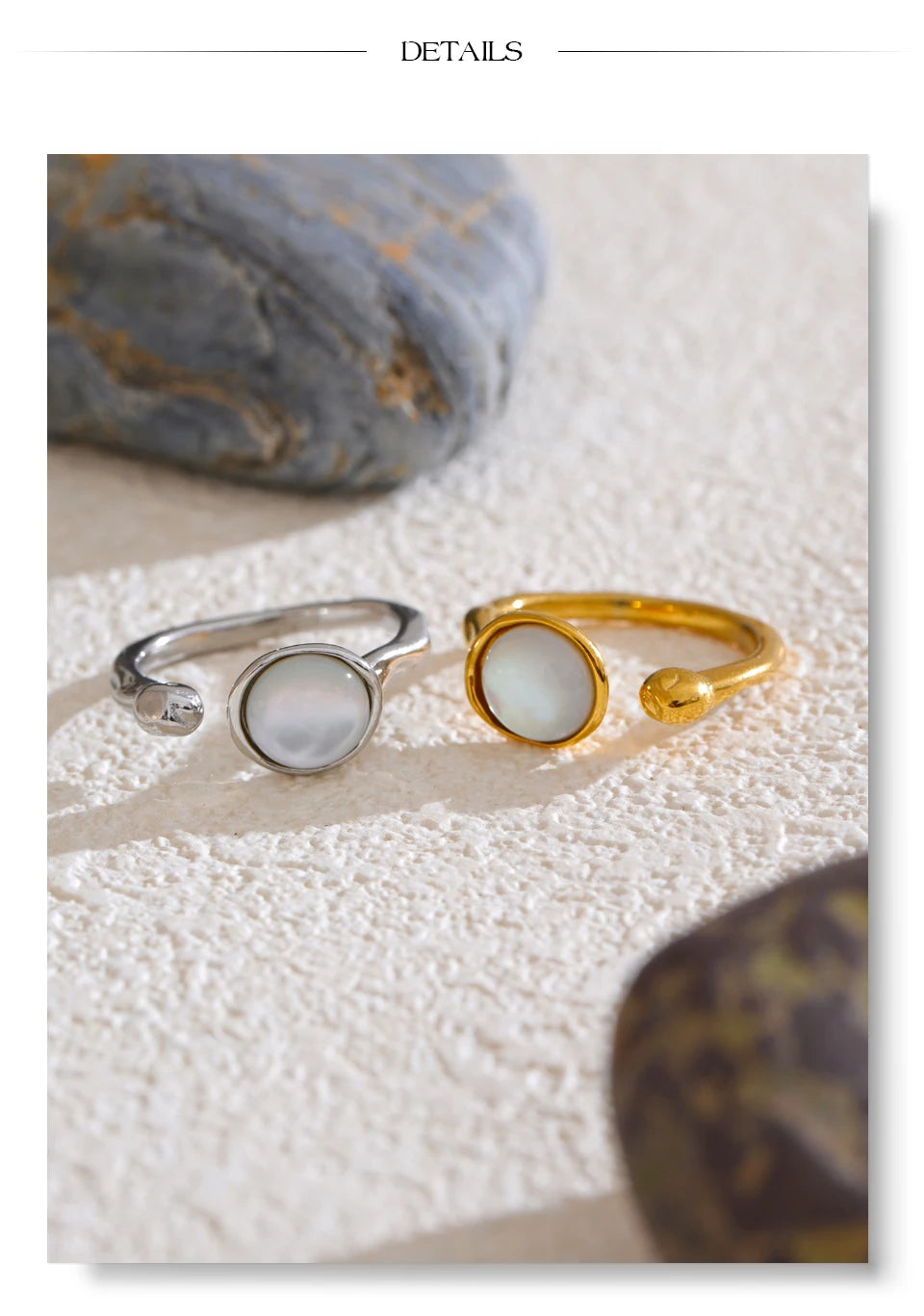 Shell geometric ring in 18K gold-plated stainless steel with shell.