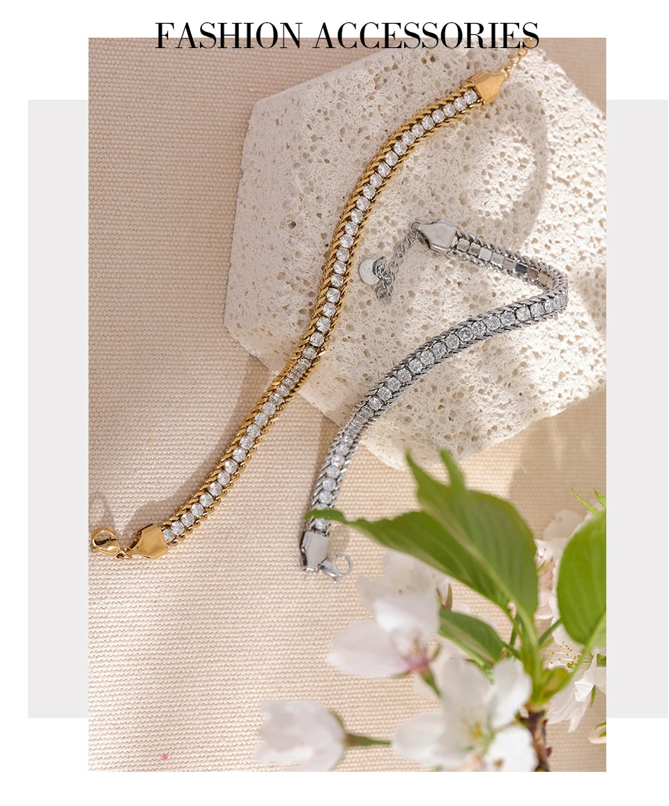 Cubic Zirconia Geometric Chain Bracelet — Gold-Plated Stainless Steel with Cubic Zirconia · PS1872