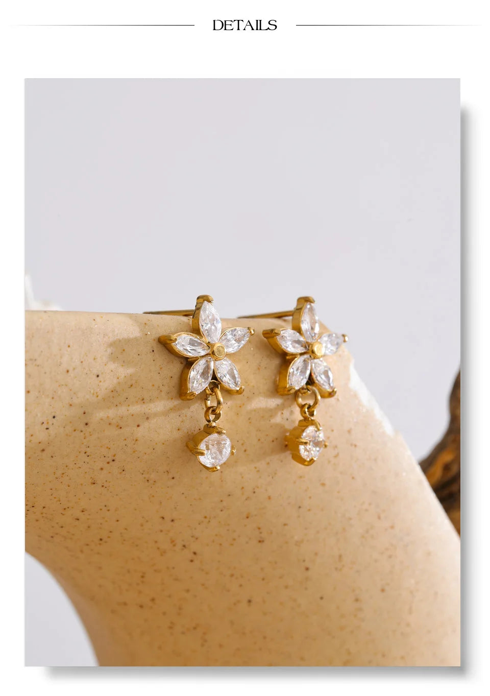 Cubic Zirconia Flower Earrings — Gold-Plated Stainless Steel with Cubic Zirconia · PS932