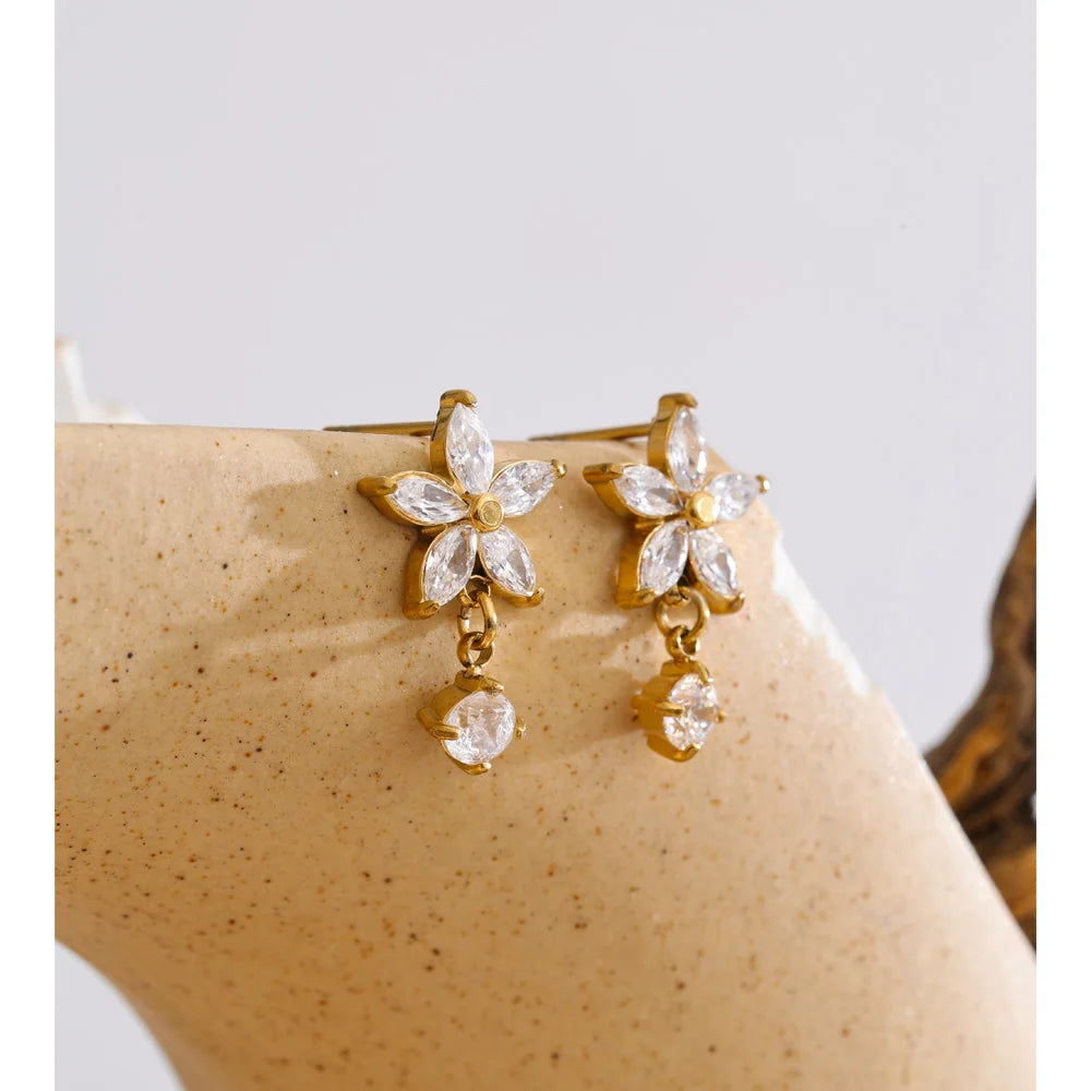 Cubic Zirconia Flower Earrings — Gold-Plated Stainless Steel with Cubic Zirconia · PS932