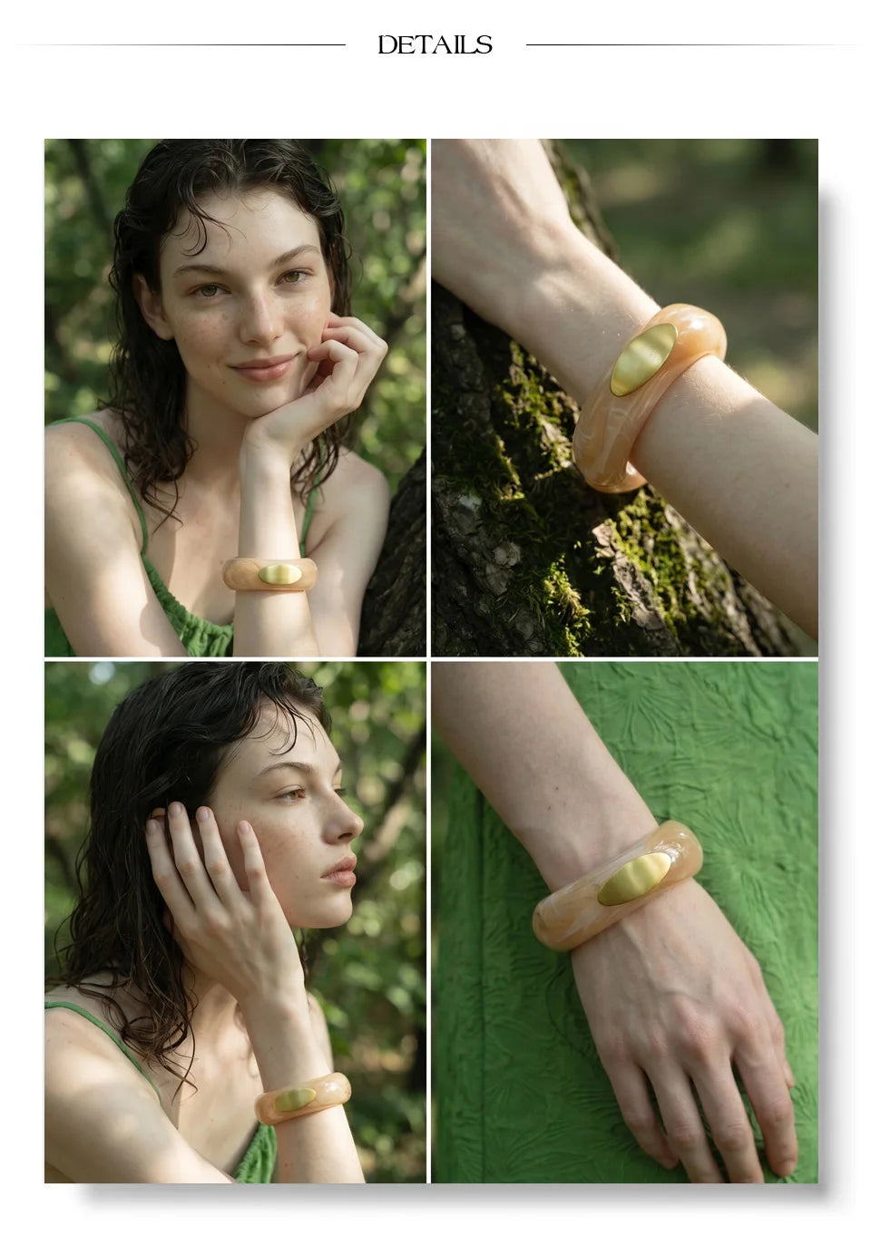 Resin acrylic geometric bracelet in gold-plated stainless steel with resin and acrylic.