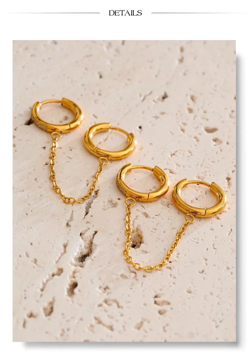 Cubic Zirconia Geometric Chain Earrings — Gold-Plated Stainless Steel with Cubic Zirconia · PS1462