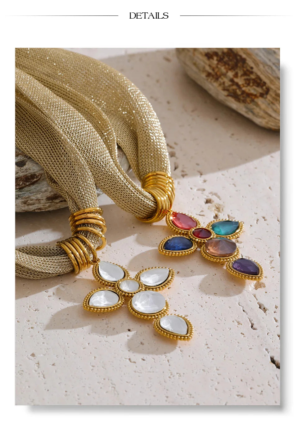White glass cross necklace in gold-plated stainless steel.