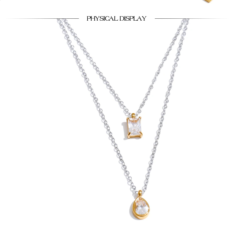 Cubic zirconia geometric layered necklace in gold-plated stainless steel with cubic zirconia.
