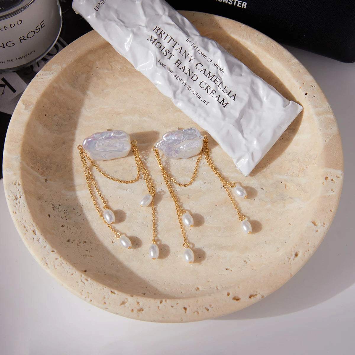 Pearl Chain Tassel Earrings — Stainless Steel · PS083