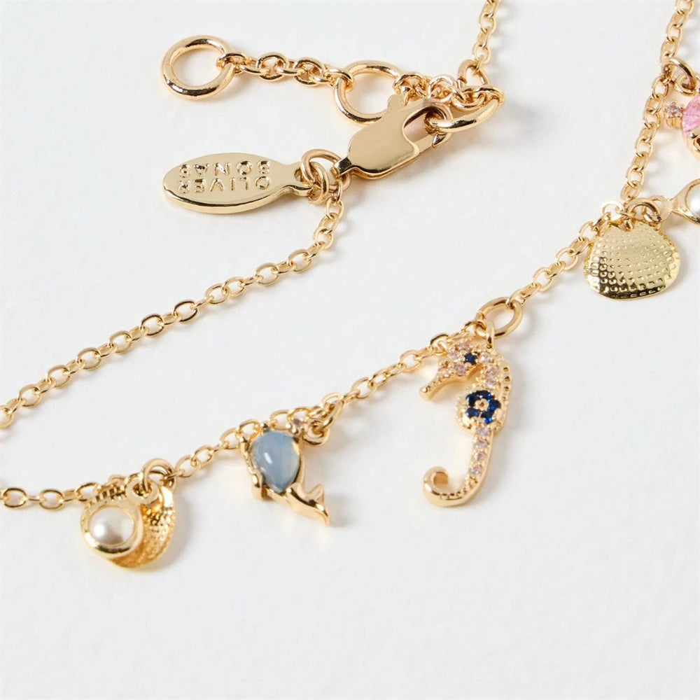 Summer Beach Series Seahorse Natural Stone Sea Blue Pendant Necklace Copper Electroplated Gold Color Preserving