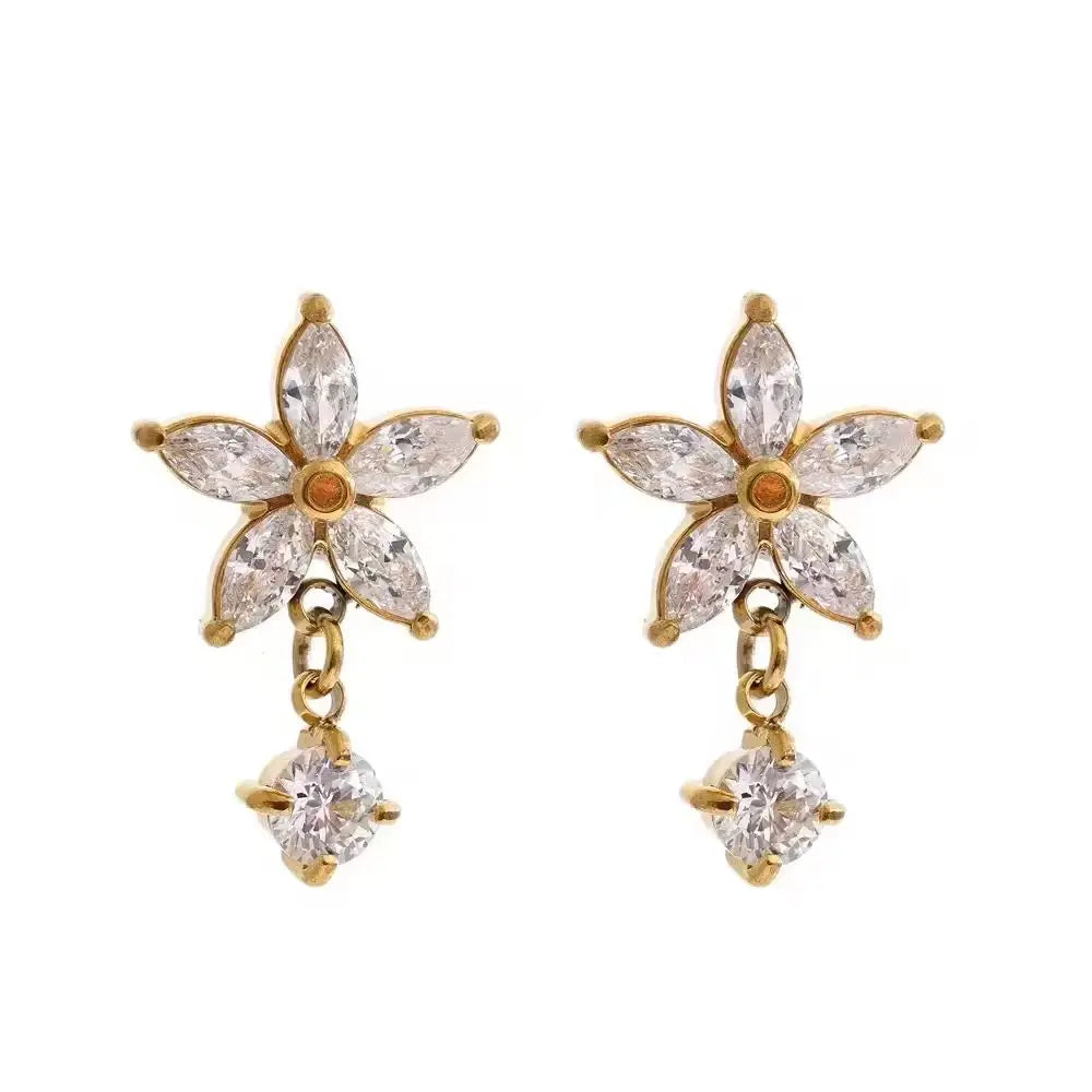 Cubic Zirconia Flower Earrings — Gold-Plated Stainless Steel with Cubic Zirconia · PS932