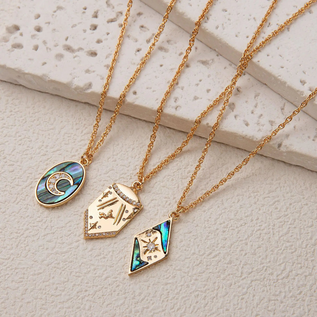 18K Gold Plated Astrology Pendant Necklace for Women, Abalone Shell Moon Star Amulet Jewelry, Boho Mystic Vintage Gift