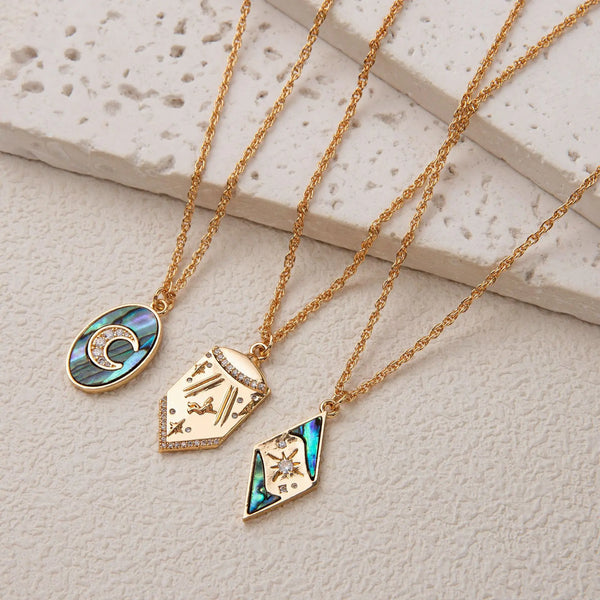 18K Gold Plated Astrology Pendant Necklace for Women, Abalone Shell Moon Star Amulet Jewelry, Boho Mystic Vintage Gift